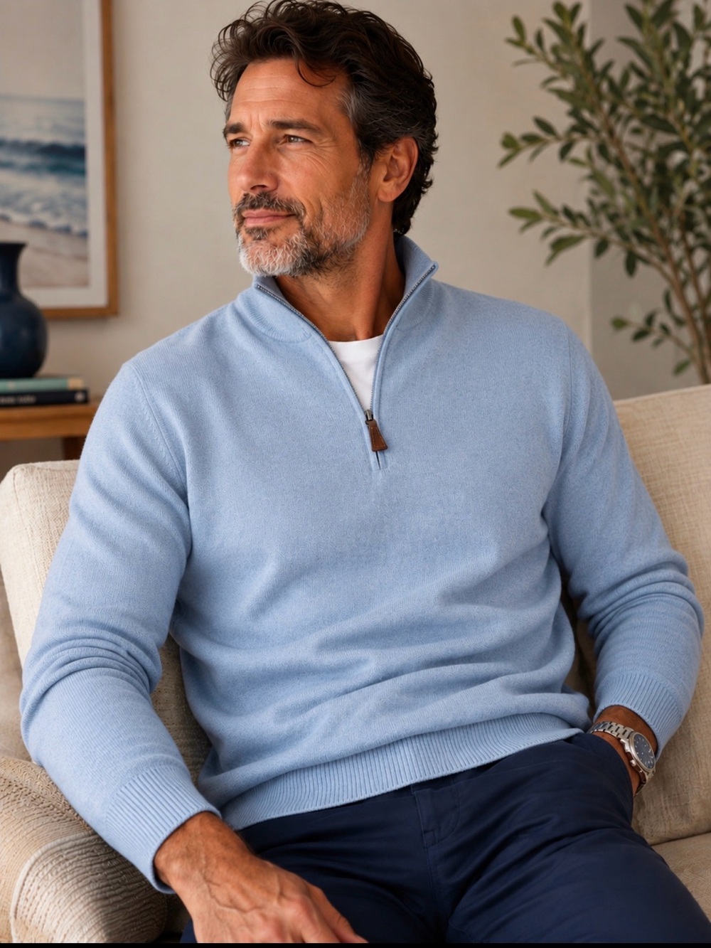 John W. Nordstrom Light Blue Quarter Zip Mock-Neck Sweater